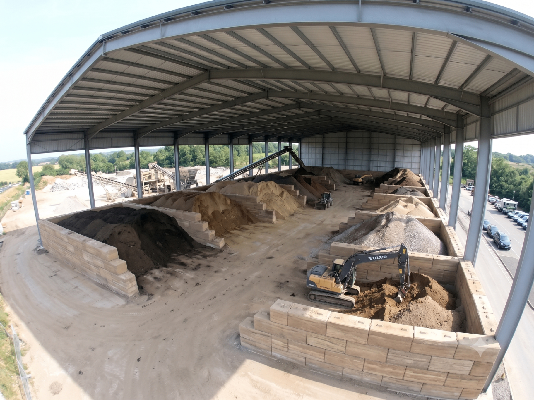 Hangar de stockage couvert Materrea : terres excavées triées par typologie dans des alvéoles en blocs béton