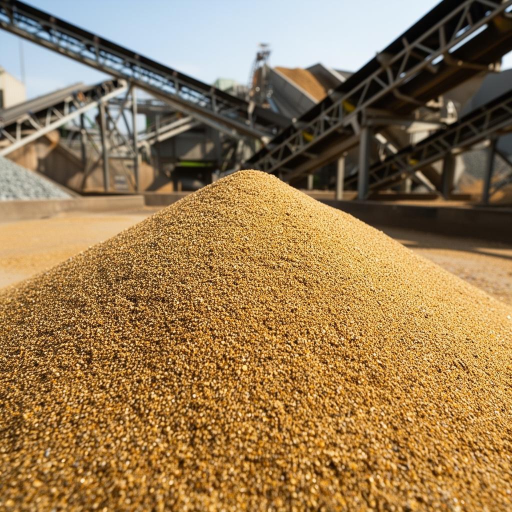Stock de sable naturel lavé sous les convoyeurs d'une plateforme de tri granulométrique