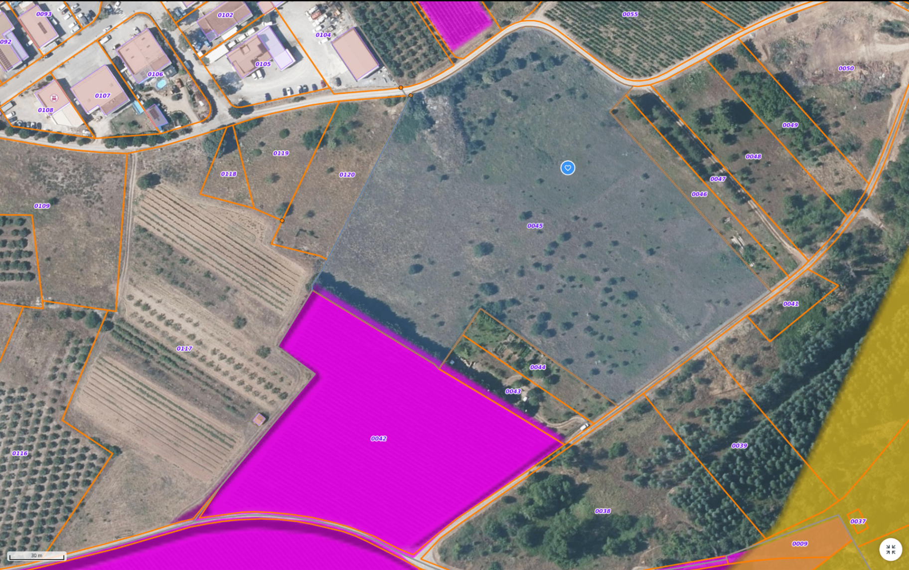 Vue aérienne et cadastre des parcelles autour du site pilote Materrea