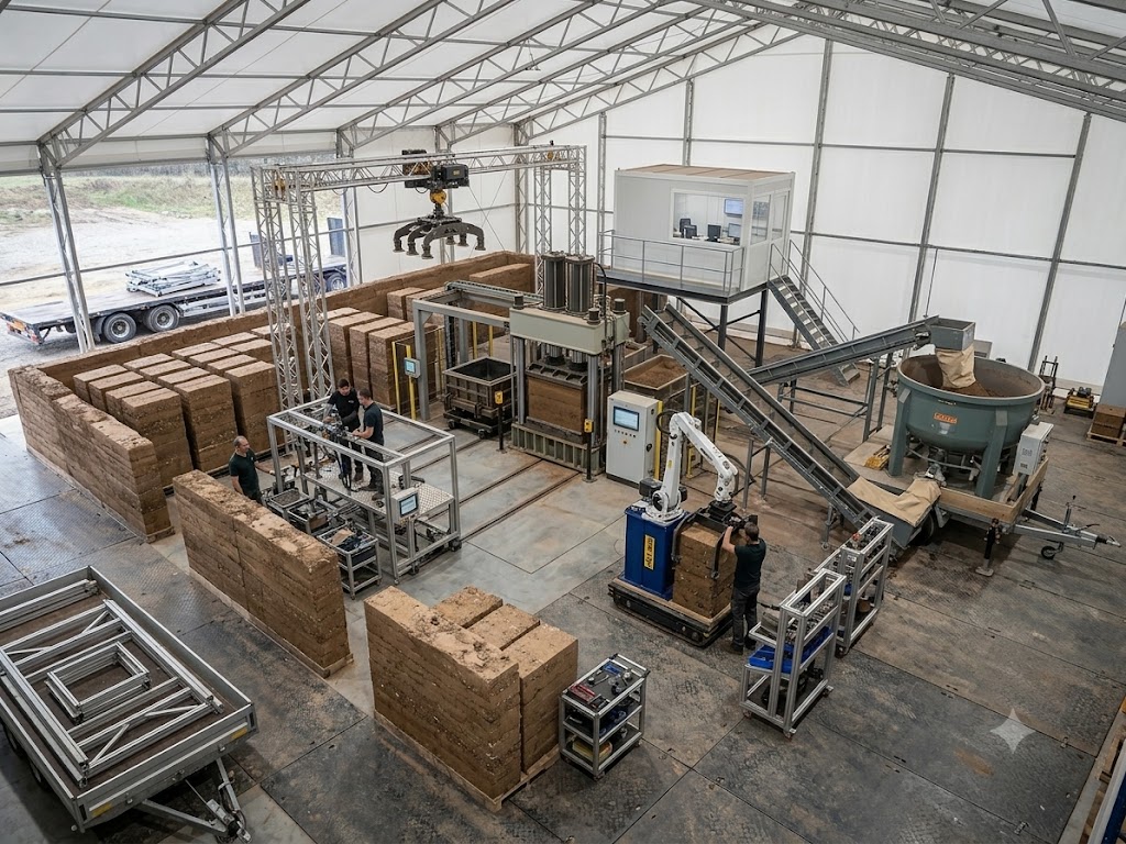 Projection d'usage — vue intérieure de l'atelier Materrea envisagé pour la production de blocs BTCᴰ : malaxeur, presse de compactage dynamique, bras robotisé, convoyeur et stockage