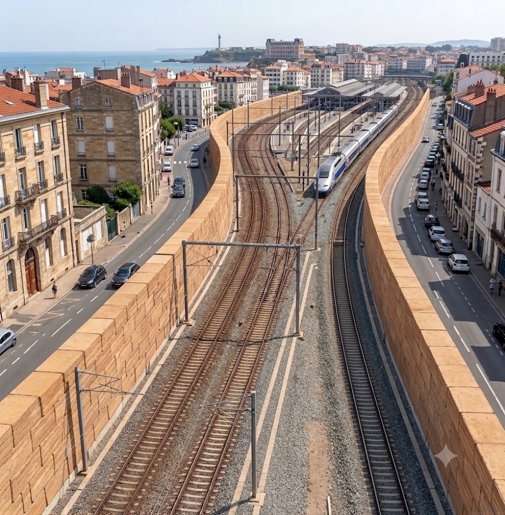 Projection d'usage — murs anti-bruit en blocs de terre compactée encadrant une voie ferrée TGV traversant un centre-ville