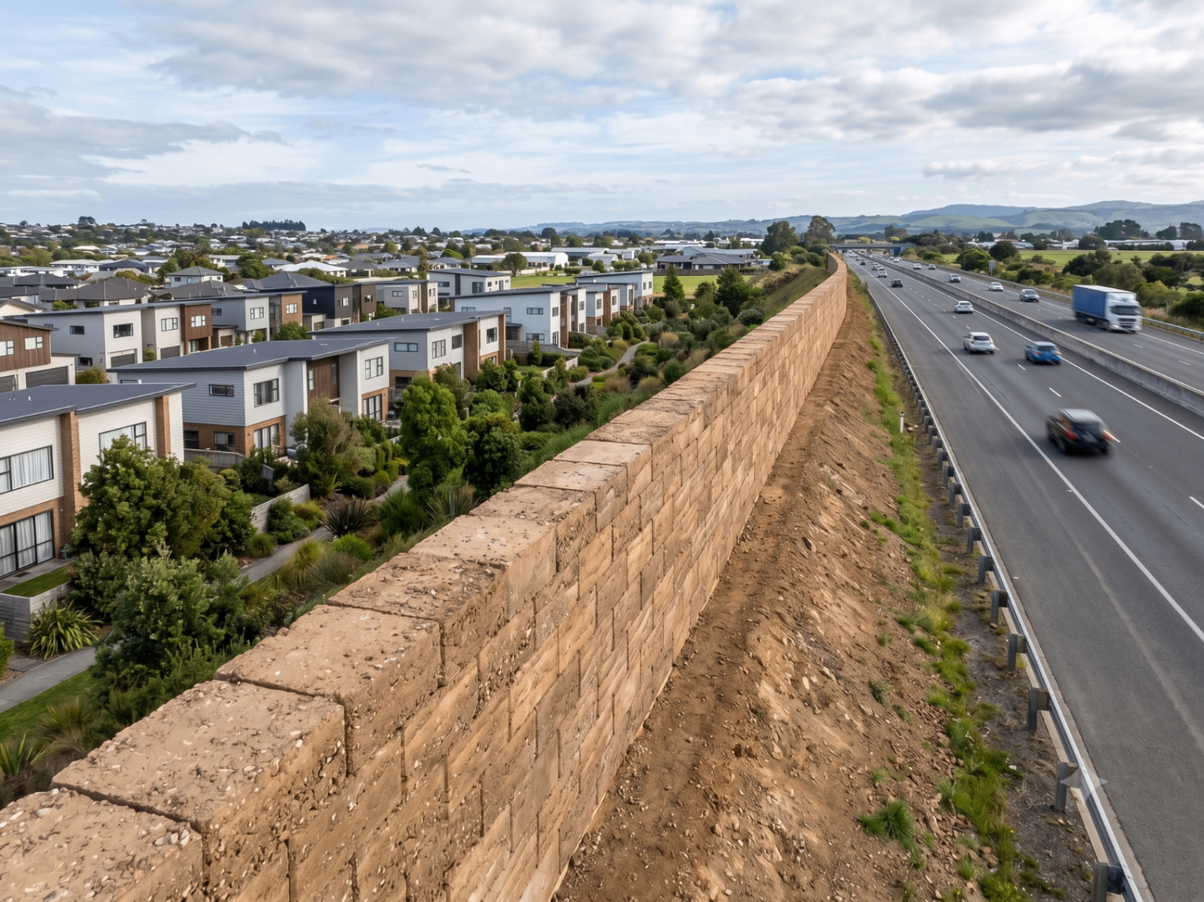 Projection d'usage — mur anti-bruit autoroutier en blocs BTCᴰ Materrea, vue aérienne le long d'un lotissement résidentiel