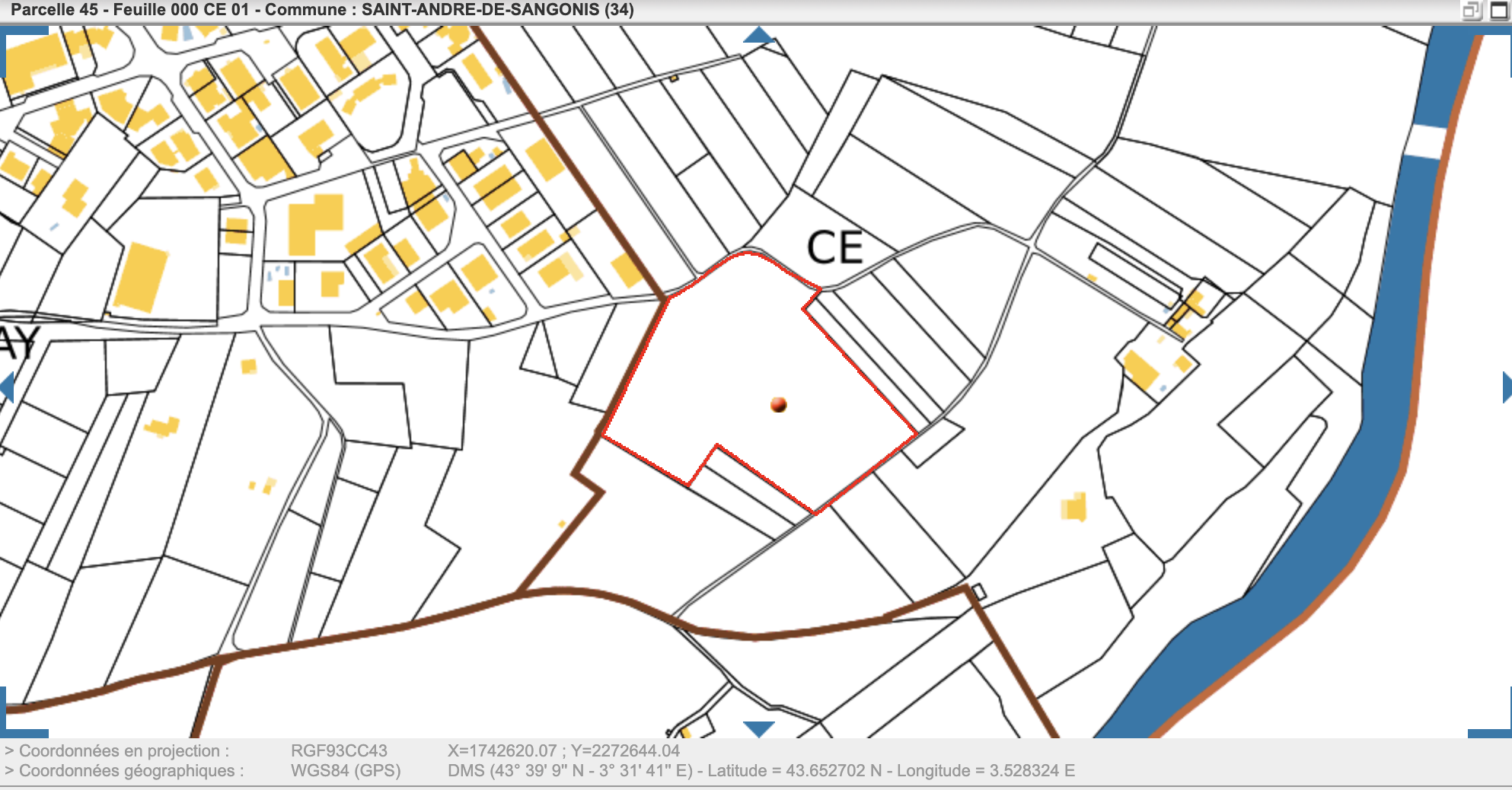 Plan cadastral de la parcelle 45, feuille 000 CE 01, commune de Saint-André-de-Sangonis