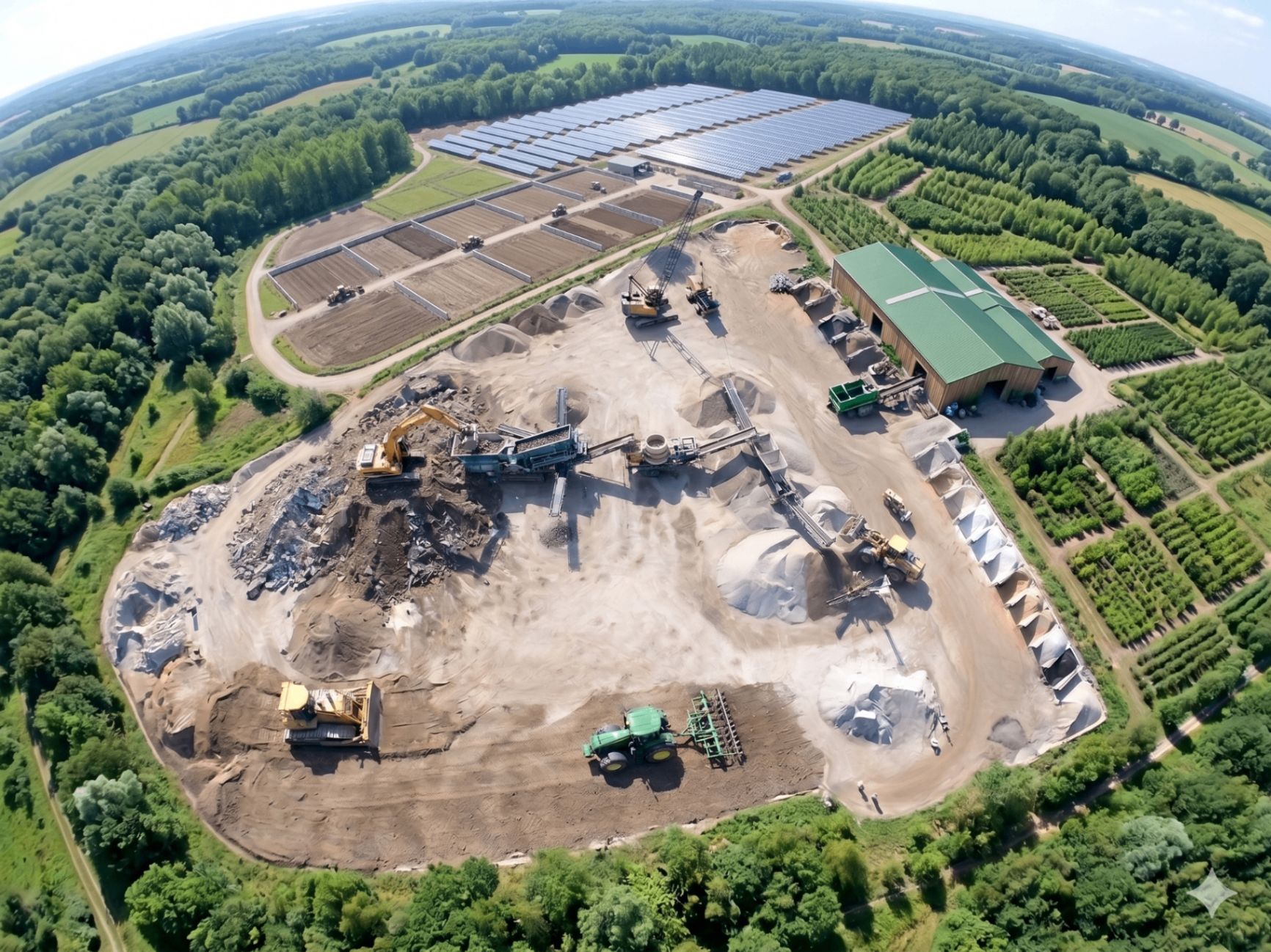 Vue aérienne d'une plateforme Materrea de revalorisation des terres excavées : zones de tri et concassage, stocks de granulats, andains de terre organique, ombrière photovoltaïque et pépinière en ceinture forestière
