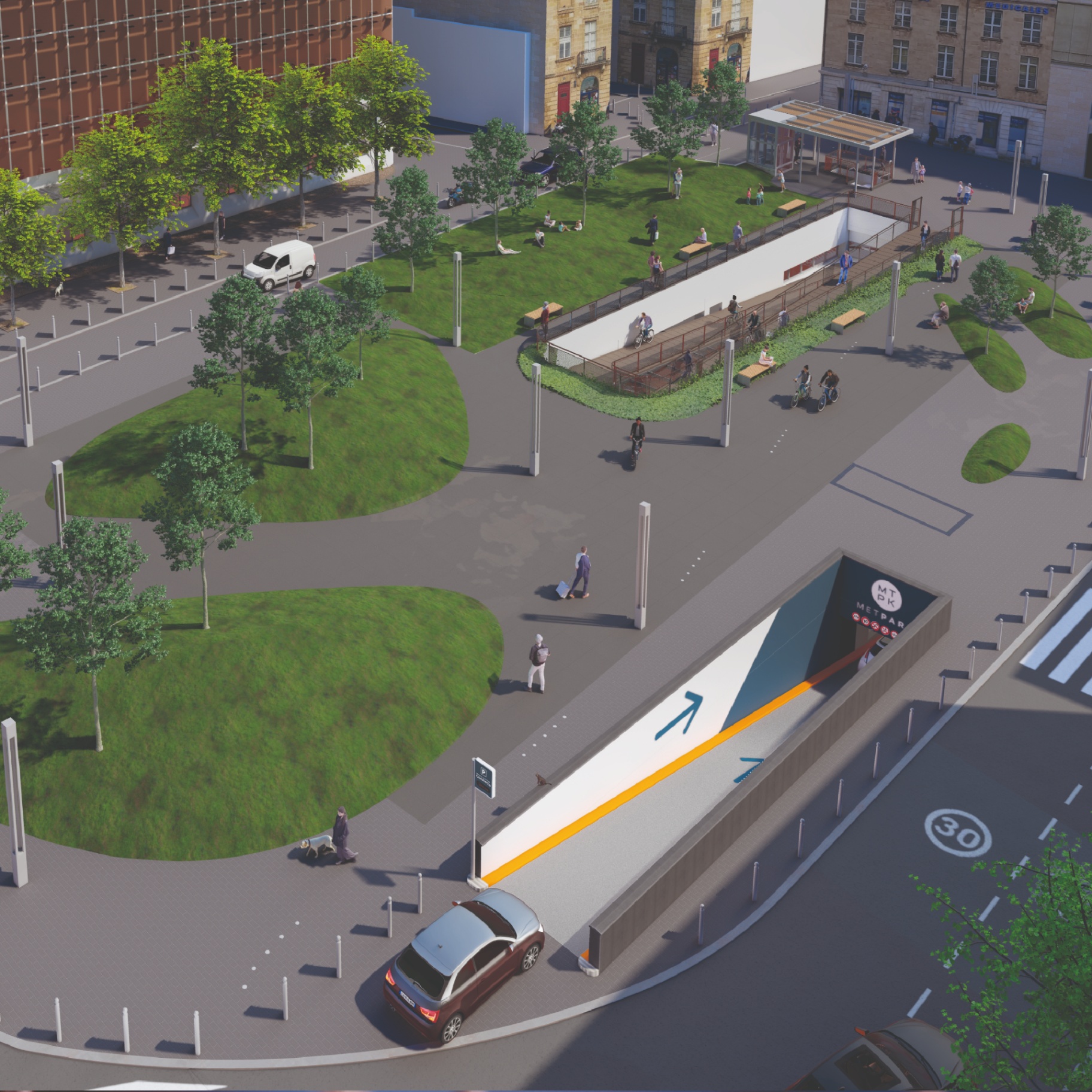 Place urbaine paysagée avec buttes engazonnées architecturales intégrées aux espaces publics : débouché terre végétale reconstituée
