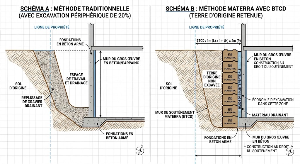 Comparaison schématique entre la méthode traditionnelle (excavation périphérique de 20 %, remplissage de gravier drainant) et la méthode Materrea avec mur de soutènement BTCᴰ qui retient la terre d'origine non excavée