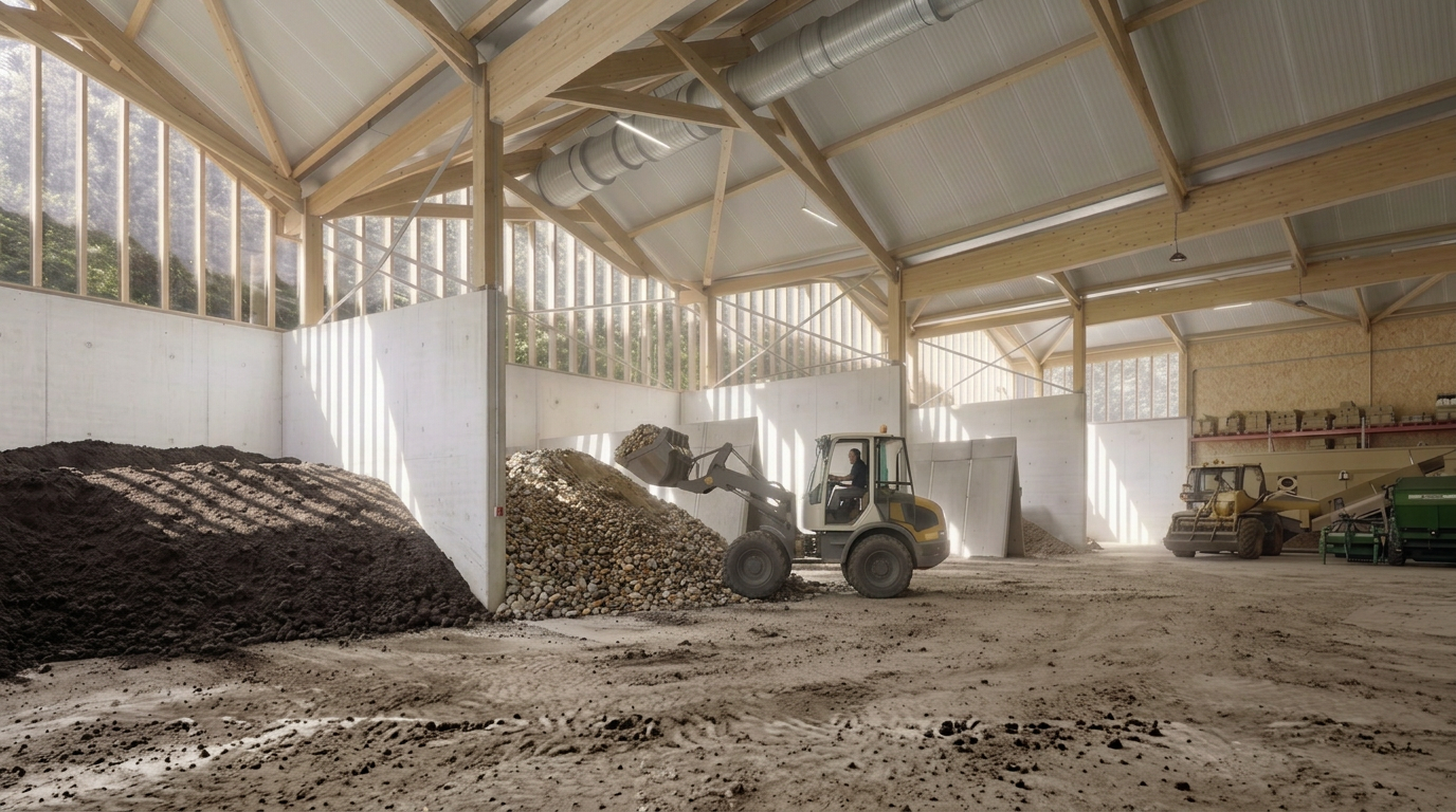 Hangar de réemploi des terres avec chariot élévateur